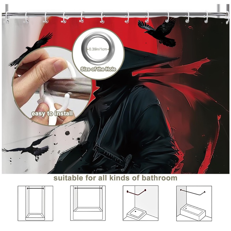 Black Red Samurai Shower Curtain 60Wx71L, Japanese Man Shower Curtains