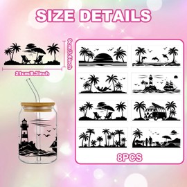 GLOBLELAND Pack of 8 Summer Beach Silhouette Preserving Jar Stickers 8.3 x 3.6 Inch Coconut Trees Waterproof Transparent PVC Silhouette Plastic Wall Sticker for Walls Windows Glass DIY