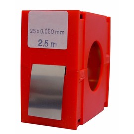 Kalibrierte Umreifungsrolle 2,5 m x 25 mm aus Edelstahl, ideal zum Binden, Befestigen und Verstärken von Strukturen.