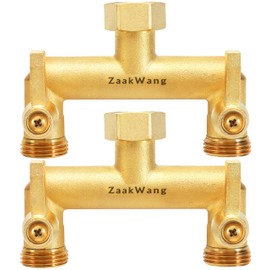 Heavy Duty Brass 2-Way Garden Hose Splitter, 3/4" GHT Threads, Metal Shutoff Valve, Long Handle（2 pack）
