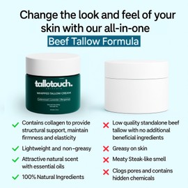 Tallotouch. Whipped Tallow Cream - 100% Grass-Fed Beef Tallow, Shea Butter, Collagen, Cucumber & Jojoba Oil – Deep Hydration for Face & Body, Fast Absorbing, Essential Oils