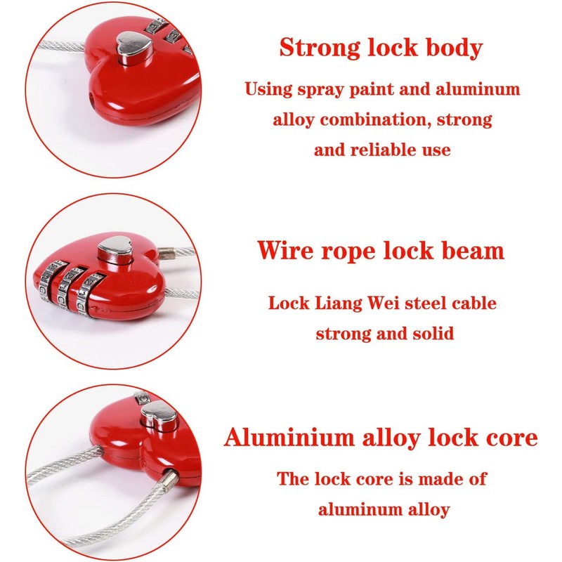 2Pcs Red Mini Love Heart Lock,Red Heart Padlock, Mini Code