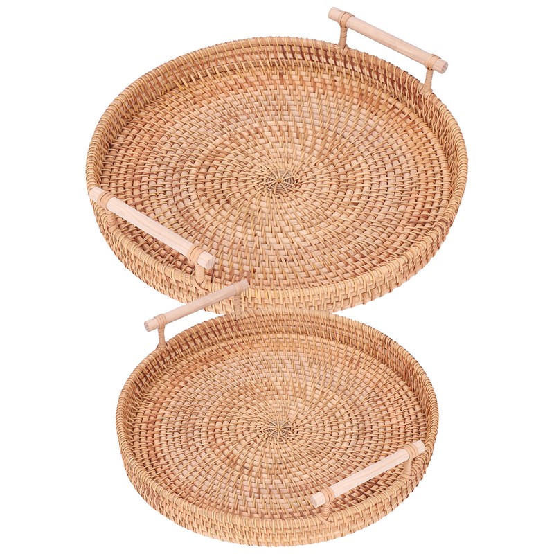 2PCS Hand Woven Rattan Tray Round Serving Tray Tea Fruit