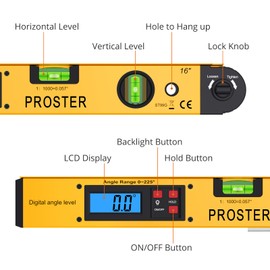 Proster Digital Angle Finder Gauge - Aluminum Angle Finder 16 inch 400mm with LCD Vertical Horizontal Spirit Level and Magnetic Base for Woodworker