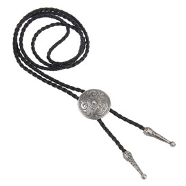 AZORA Bolo Tie for Handmade Round Flower Shape Mens Bolo Tie Silver Flower Rodeo Leather Necktie Bolo Necklace