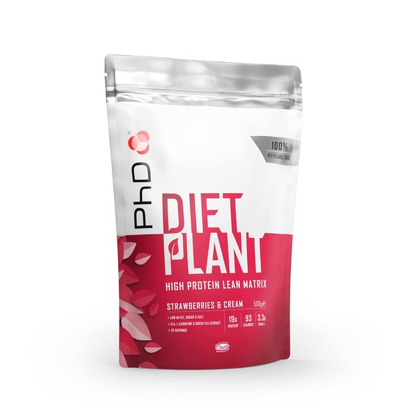 PhD Nutrition Diet Plant, High Protein Lean Matrix, Vegan Diet Protein Powder, Strawberries and Cream, 19g of Plant Protein, 20 Servings Per 500g Bag