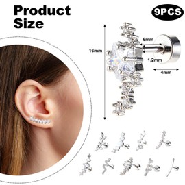HJZHII Helix Piercing Earrings, 16G Cartilage Tragus Ear Jewellery Stainless Steel Flat Back Earring Stud Rhinestones(9)