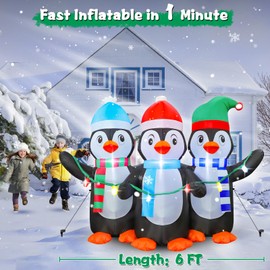 FunFanso 6 FT Christmas Inflatable Three Penguins wtih String Lights, Blow up 3 Cute Penguins Xmas Outdoor Yard Decorations, Built-in Bright LED Lights, Adorable Festival Holiday Decor for Garden Lawn
