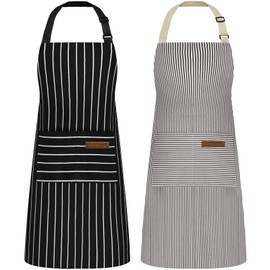 Riqiaqia 2 Pack Aprons for Women with Pockets, Soft Chef Apron for Men, Adjustable Bib Aprons for Kitchen Cooking BBQ (Black/Brown Stripes)