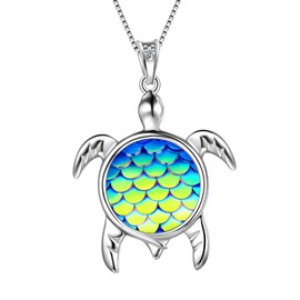 Aurora Tears Turtle Necklace Sea Turtle Pendant 925 Sterling Silver Birthstone Colour Gradient Colourful Mermaid Scales Cute Animal Pendant Charm Necklace, Cubic Zirconia