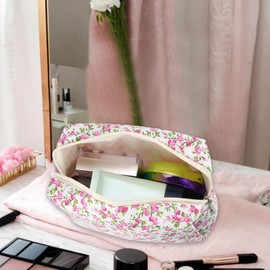 VOCOSTE Quilted Makeup Bag, Rose Red Floral Makeup Bags, Cute Makeup Bags, Cosmetic Bags for Women Girls