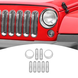 PDKLIN for Jeep JK Front Grille Inserts & Headlight Cover Trim Ring for Jeep Wrangler JK JKU 2007-2017 Chrome Exterior Accessories 9pcs