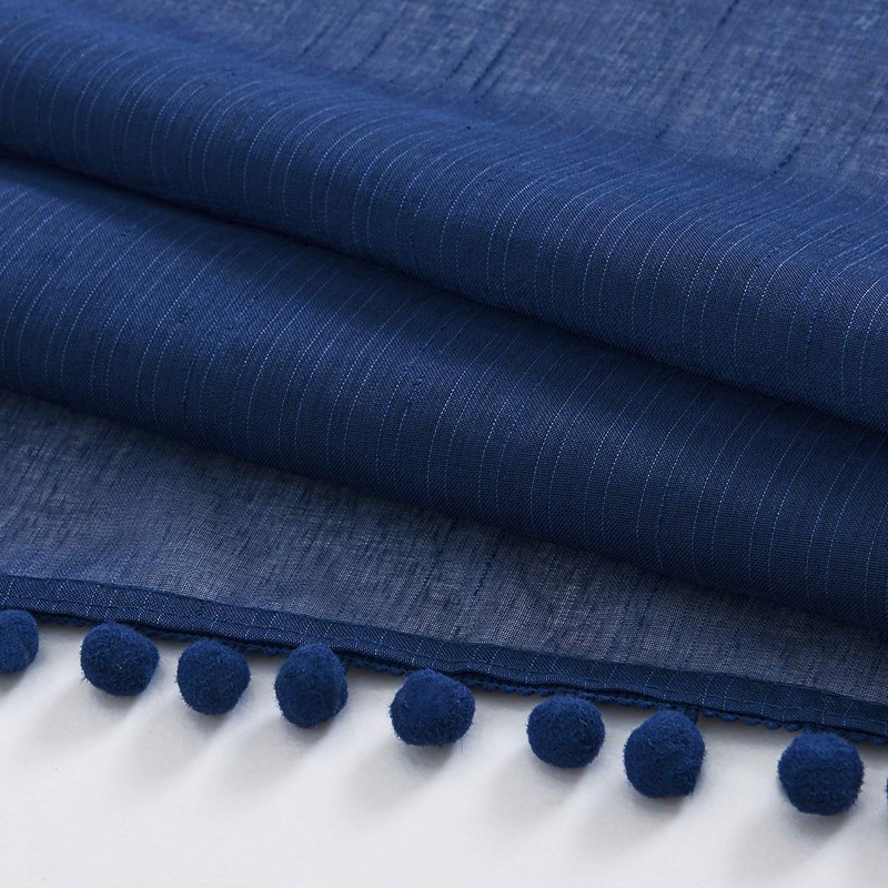 Pom-Pom Blue Sheer Curtains for Bedroom 63" Window Drapes Rod