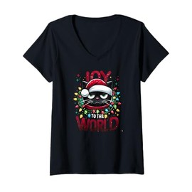 Womens Funny Christmas Black Cat Joy to The World V-Neck T-Shirt
