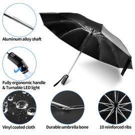 Windproof Travel Umbrella, Automatic Folding Umbrella - Compact, 10 Ribs, LED, Reflective Stripe - Red