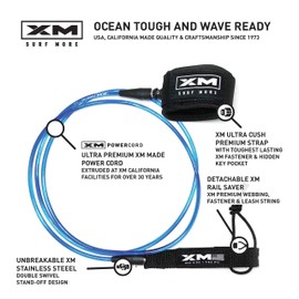 XM SURF MORE Premium Surfboard Leash, 5.5ft, Made in USA, Ultra Comp Cord Thickness (0.200in Thick), Key Pocket, Unbreakable Swivels, Detachable Railsaver, Lime Leash, Black Strap