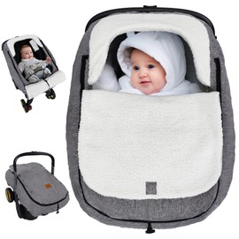 Bioby Winter Baby Car Seat Cover for Boy Girl, Extra Cozy Warm Infant Carseat Covers Canopy with 350g Thickened Fleece Lining, Waterproof, Adjustable Zipper Button Peep Window, Universal Fitted Gray