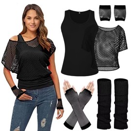 Women's Casual 80s Costumes Neon Outfit Accessories Off Shoulder T-Shirt, Fishnet Gloves Legwarmers