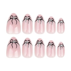 TENPAL French Tip Press on Nails Cute Bow Pattern Nude Pink Fake Nails With Glue Short Almond Nails Press ons Glue on Nails Short 24pcs/Box Sweet Cool Ballet False Nails Soft Gel Stick on Nails
