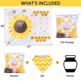 SUKOON Sunflower Baby Milestone Blankets for Baby Girl | 47 x 40 inch | Honey Bumblebee Age Photo Blanket with Marker and Bibs - Perfect Addition to The Baby Photo Album