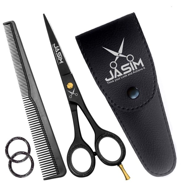 JaSiM Hair Scissors - Hair Cutting Scissors – 6.5” Scissors to Cut Hair - Black Haircut Scissors - Hair Shears - Mustache Scissors - Hair Scissors Professional - Grooming Scissors (Black & Gold)