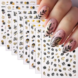 8 Sheets Black Gold Fall Maple Leaf Nail Art Stickers Self-Adhesive Autumn Nail Decals Laser Gold Leaves Nail Design Thanksgiving Nail Supplies Autumn Leaves Nail Decor for Women Manicure Accessories