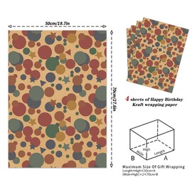Coloured Polka Dot and Stars Birthday Kraft Wrapping Paper 4 Sheets For Men Women Boys Girls Kids,Gift Wrap, 20 x 28 inches per sheet, Folded Paper for Baby Shower Daddy All Birthday Holiday Celebration Occasions
