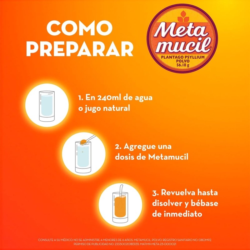 Metamucil Suplemento de Fibra Sabor Naranja sin Azucar, 425 g