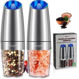 BRIGHTX Gravity Electric Salt and Pepper Grinder Set | Automatic Gravity Salt and Pepper Shakers | Refillable Battery Operated Mills | Adjustable Coarseness | Cordless Stainless Steel Pepper Grinders