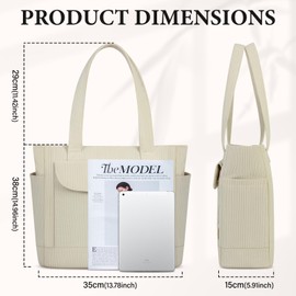 Tote Bags for Women Large Corduroy Shoulder Bag with Zipper Compartment Lightweight Work Tote Purse with Pockets Stylish Ladies Teacher Handbags for College Travel Shopping Office,Beige