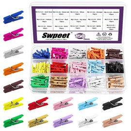 Swpeet 150Pcs 15 Colors 2.5cm Mini Natural Wooden Clothespins with Strong Springs Rust Resistant Clothespins Kit for Classroom, Photos, Crafts, Decorative Tiny Cards
