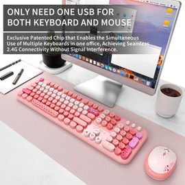 Wireless Keyboard and Mouse Combo, 104 Round Keys Full-Size Cute Colorful Pink Cordless Keyboard and Mouse with Retro Typewriter for PC/Mac/Laptop/Tablet/Computer/Windows Pink