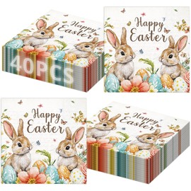 40 Pcs Easter Paper Napkins – 13 x 13 Inch “Happy Easter” Bunny Egg Spring Floral Disposable Napkins for Dinner, Brunch, Egg Hunt, and Spring Party Decorations