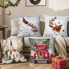 DTYGUIXE Pack of 4 Christmas Cushion Covers, 45 x 45 cm Cushion Covers, Christmas Cushion Cover, Linen Cushion Cover, Comfortable Sofa Cushion Cover, Winter Decorative Cushion Cover for Living Room,