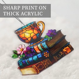 Jabihome Book Ornament Faux Stained Glass, Bookish Gifts for Librarian, Book Lovers, Reader, Teacher, Women, Bookclub, Suncatcher Window Hanging Acrylic Decor for Christmas Tree (Tea Tales)