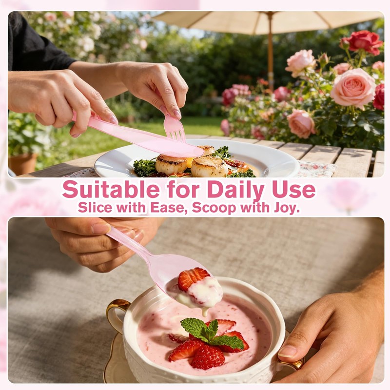 150 Pack Clear Pink Disposable Plastic Silverware Heavy Duty, Plastic