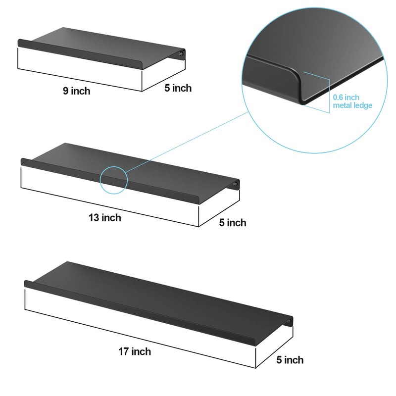 SRIWATANA Black Floating Shelves, Metal Wall Shelves Set of 3