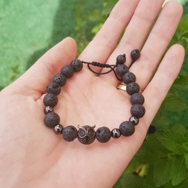 Omky Pulsera Búho |Brazalete Ajustable Piedra Volcánica | Regalo Hombre Mujer | (Negro)