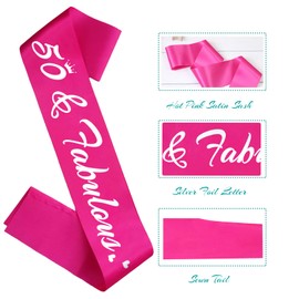 HUBEISIYU 50 Fabulous Birthday Sash, 50th Bday Sash for Women Funny 50th Birthday Party Decorations Suppiles Gift Ideas, Hot Pink+ Silver(50 Fabulous)