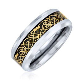 Bling Jewelry Golden Black Silver Two Tone Celtic Knot Dragon Inlay Couples Titanium Wedding Band Rings For Men For Women 8MM