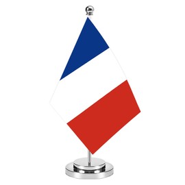 France Miniature Desk Flag Set,8x5 Inch French Small Flag With 12 Inch Bright Silver Flagpole, Deluxe Decorations For House Office Meeting Table