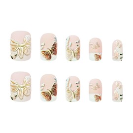 RUOKEXIN Square Press on Nails Medium Fake Nails White French False Nails with Butterfly Designs Spring Nail Press ons Full Cover Glue on Nails Artificial Nails Cute Stick on Nails for Women 24Pcs