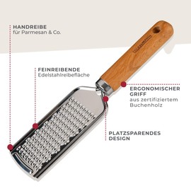 Fackelmann Hand Grater for Parmesan, Cheese and Zester - Cheese Grater Perfect for Pizza and Pasta - Grater Made of Stainless Steel and Beech Wood in Italian Look
