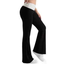 MOOSLOVER Women Flare Leggings Fold Over Bootcut Yoga Pants Casual Y2K Lounge Pants Comfy Cotton Leggings(S, Black & White​​)