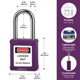 BOZZYS Lockout Tagout Locks 6-Pack｜OSHA Purple Loto Locks Keyed Different｜2 Keys/Lock for Industrial Machinery & Electrical Panels｜Chrome Steel & Laser Coding
