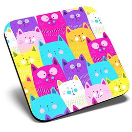 Great Single Coaster Square - Colourful Cats Cartoon Cat Print |Glossy Quality Coasters | Tabletop Protection for Any Table Type #13233