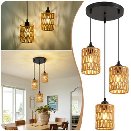 SKEJAO 3-Light Rattan Pendant Lighting,3 Pendant Light Fixture for Kitchen Island,Dining Lamp Ceiling Hanging,with Adjustable Cord and Rattan Shade for Farmhouse Living Dining Room Bar,Black