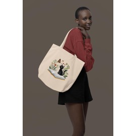 RetroZ Canvas Tote Bag-Premium Cotton bag with Zipper,InnerPocket,Long Handles-Stylish Tote for College,Shopping,Travel,Beach - Adorable cat offwhite