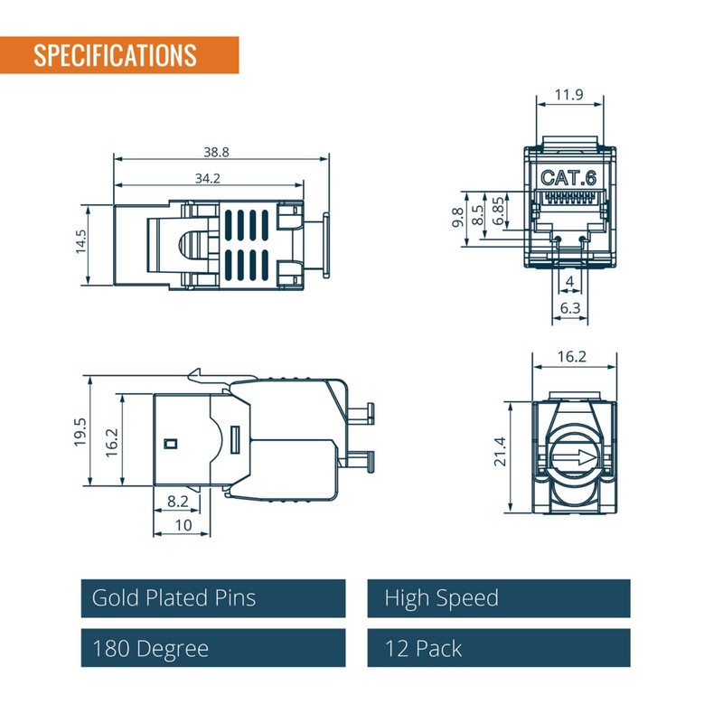 Tecmojo CAT6 Shielded keystone jack Gigabit, 12 Pack