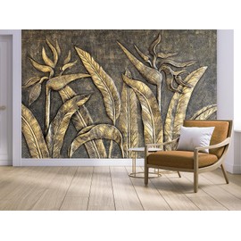 Cliouar-Golden Bird of Paradise Sculpture 3D Three-Dimensional Wallpaper Mural 158" x 110" (Not Self-Adhesive)